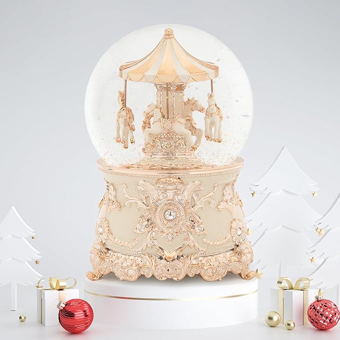 Carousel Music Box Rose Gold Christmas Snow Globes, 7.1" Glass Rotate Carousel Snow Globe for Kids & Adults, Classic Wind up Musical Snow Globe Valentines Day Gifts, Carousel Horse Home Decor