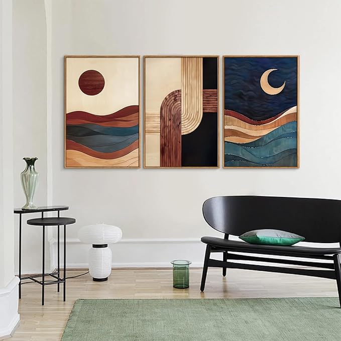 SIGNINART Boho Mid Century Modern Framed Canvas Wall Art, Bohemian Geometric Wall Decor, Abstract Sun and Moon Artwork,Beige and Black Wooden Art Paintings for Living Room Bedroom Office 16"x24"x3