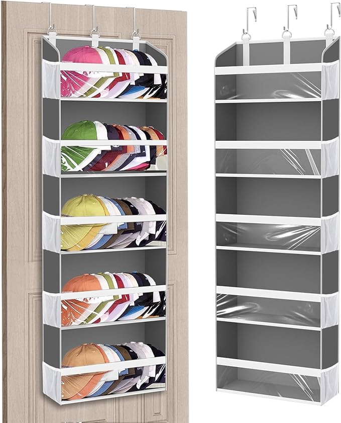 Over the Door Hat Organizer for Baseball Caps, Hold up to 60 Hats Rack Storage for Door/Closet/Wall, Clear Pockets Hanging Hat Holder for Baseball Caps with 10 Mesh Pockets, Grey
