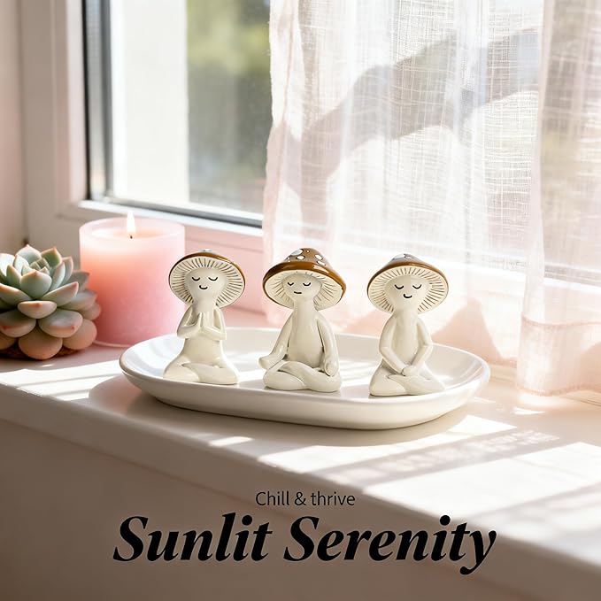 3 Pcs Mushroom Decor Figurines - Meditation Decor Statues for Living Room, Bedroom, Office - Resin Sculptures for Mindfulness Enthusiasts Home Decor Lovers Nature Lovers (White-Brown)