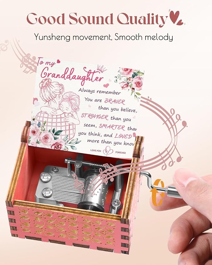 Swooflia Mother's Day Wooden Music Box for Granddaughter - Hand Crank Engraved Musical Box Vintage Mechanism Personalized Gifts for Mom Aunt Daughter Niece Grandma Friend Jesus On Birthday