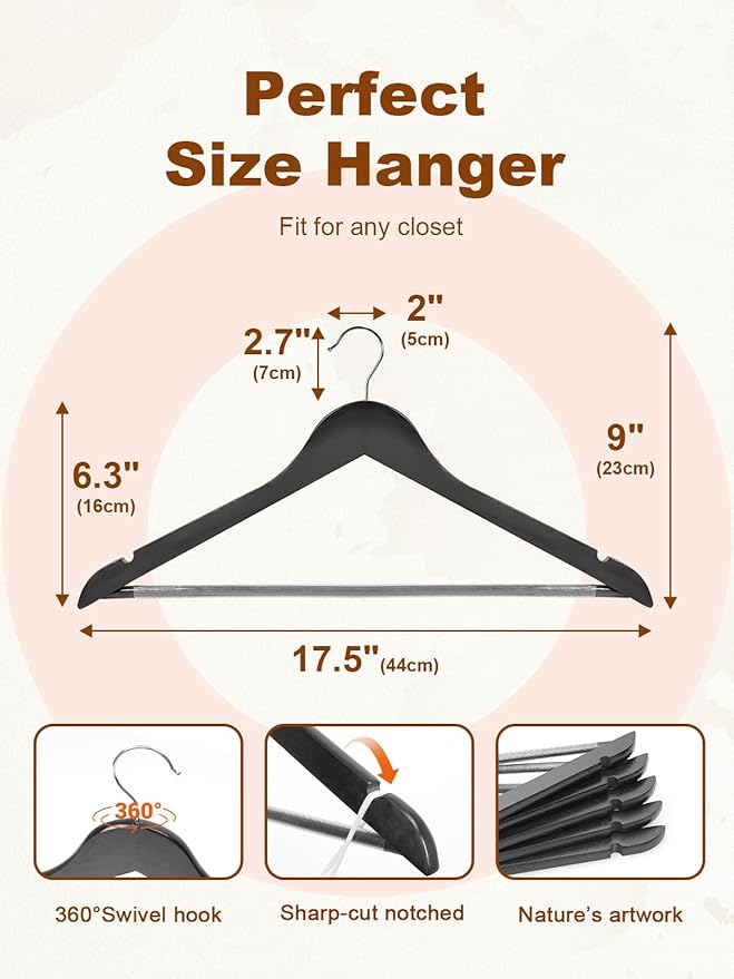 HOUSE DAY Black Wooden Hangers 20 Pack, Solid Wood Hanger with Non Slip Pant Bar, Heavy Duty Wooden Coat Hanger for Closet, Smooth Finish Wood Clothes Hangers for Shirts, Suits, Jackets, Dress