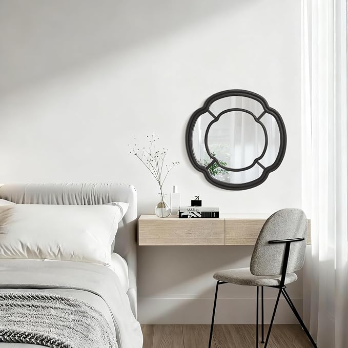 Black Wall Mounted Mirror, Irregular Circle Hanging Mirror Wooden Wavy Framed Round Decorative Mirrors for Hallway Entryway Vanity Decor 20 Inch Mirrors