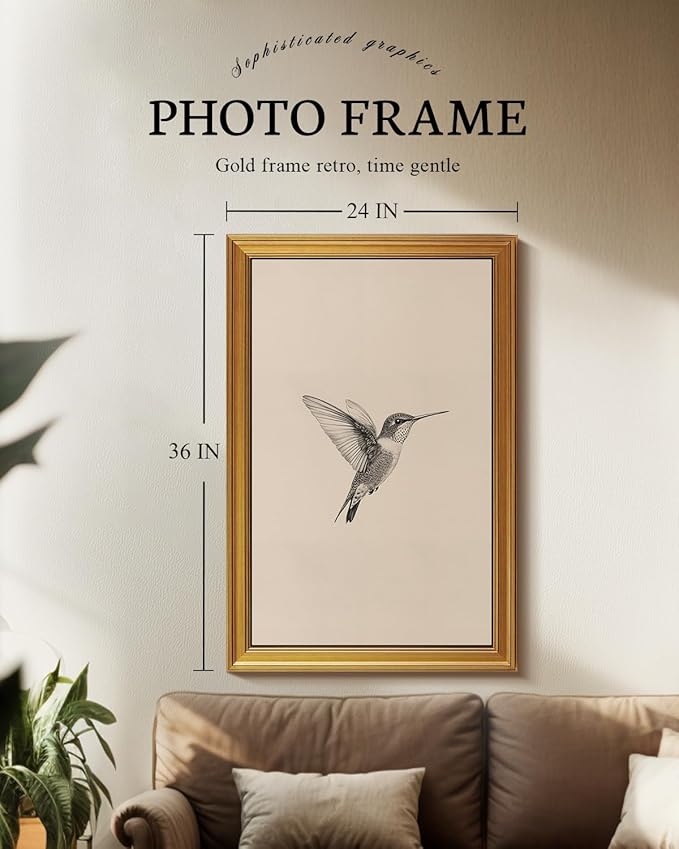 VIYYIEA Vintage Gold Framed Wall Art for Living Room, Birds Canvas Prints Home Decor, Sketch Painting Picture, Bedroom Wall Decor Gifts for Friends or Family -【Hummingbird】-(36L x 24W)