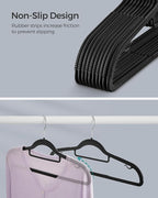 SONGMICS Pack of 30 Coat Hangers, Space-Saving Plastic Clothes Hangers, Non-Slip, 0.2 Inches Slim, 16.5 Inches Wide, 360° Swivel Silver Hook, Black UCRP20BK30