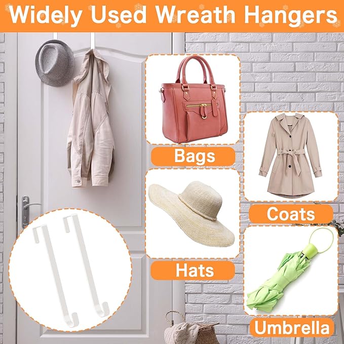 Dreecy 12” Wreath Hangers for Front Door, Christmas Wreath Hanger Holder, White Over The Door Wreath Hanger Hooks for Hnaging Christmas Front or Back Door Reef Decoration 2 Pack