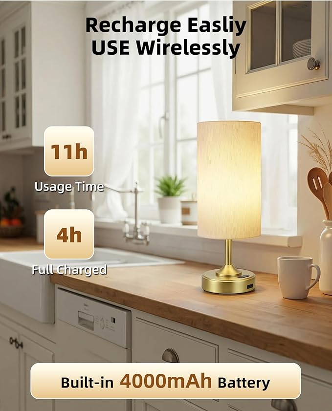 Cordless Lamp, 2-Pack, Dimmable, Ambient Light, 2700K, Timer, Touch Control, Portable, LED, Battery Operated, Rechargeable, Wireless, Desk Lamp, Kitchen Lamp, Fabric Shade, for Bedroom, Living Room