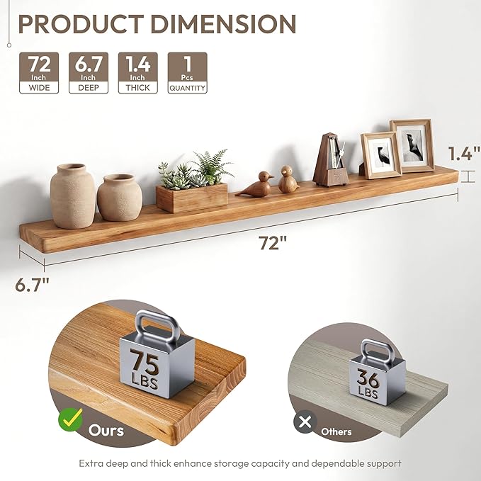 Marsmiles 72 inch Floating Shelves for Wall Solid Elm Wood Wall Mounted Shelves|Rustic Long Floating Shelves with Invisible Bracket for Bathroom Kitchen|Rounded Edge|Natural, 1 Pack