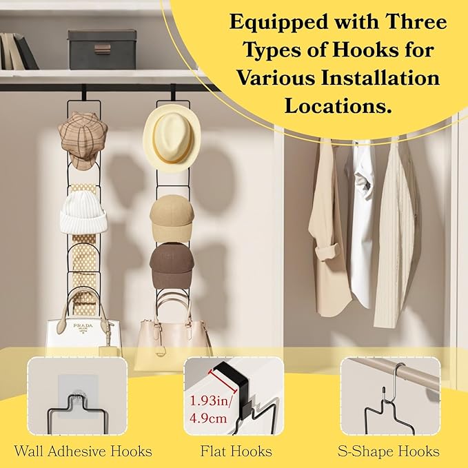 10Pack Over The Door Hat Organizer for baseball caps | Multi-Functional Baseball Hat Rack for Closet | Wall Mounted Hat s torage organizer | 5 types of accessories cap holder stand w hooks ,Black