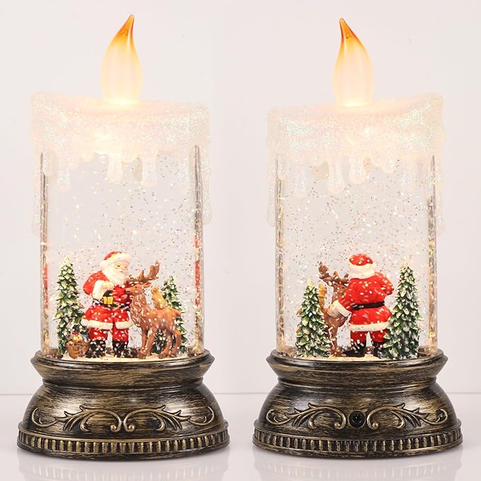 Eldnacele Christmas Music Snow Globe Lantern with 6H Timer, Battery Operated & USB Powered Lighted Santa Claus Reindeer Singing Snow Globe Candle Lamp Spinning Water Glitters Holiday Decor