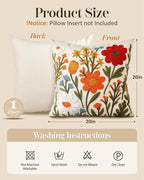 Embroidered Throw Pillow Cover 20x20 Inch - Spring Summer Boho Decorative Pillow Cover with Zipper for Living Room Couch Sofa Bed Aesthetic Design Flower Cluster Cushion Pillowcase