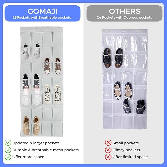 28 Large Pockets Over the Door Shoe Organizer with 4 Hooks for Different Widths Doors, Hanging Shoe Rack Holder for Closet Men Sneakers, Women High Heels