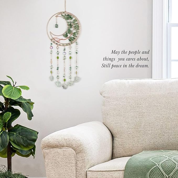 Green Gemstone Dream Catcher 7 Chakras Tree of Life Moon Dream Catchers with Healing Crystal Stones Handmade Suncatcher Dreamcatcher Wall Decor for Adults Living Room,Bedroom,Garden,Bless Gift