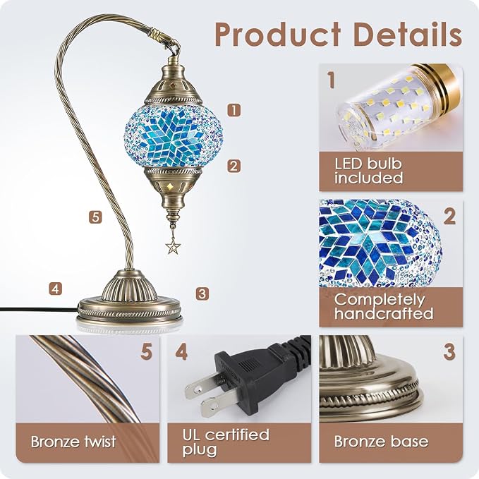Yarra-Decor Turkish Moroccan Lamp with Bronze Base 3 Color Options Handmade Swan Neck Tiffany Mosaic Glass Bedside Lamps for Bedroom (LED Bulb Included)