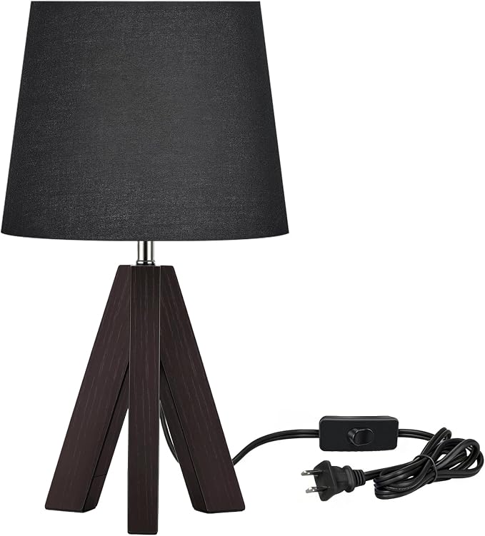 Tripod Table Lamp, 14.6" Small Bedside Lamp, Modern Nightstand Lamp with Black Shade & Dark Walnut Base, Black Table Lamp for Bedroom, Kids Room, Living Room, Study, E26 Socket, VB51TL05