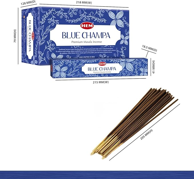 HEM Premium Blue Champa Masala Incense Sticks | Pure Herbs, Wood Powder | Aromatherapy Incense for Stress Relief, Air Purifier & Cleansing | Gift Set - Pack of 12 (15 GMS Each)