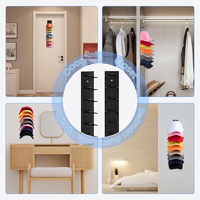 Hat Organizer for Baseball Caps, 1 Pack Hat Rack for Wall Hold up to 18 Hats Strong Adhesive Hat Hooks Stand Multilayer Hat Hanger Organizer Storage Holder Display for Door Closet Bedroom（Black)