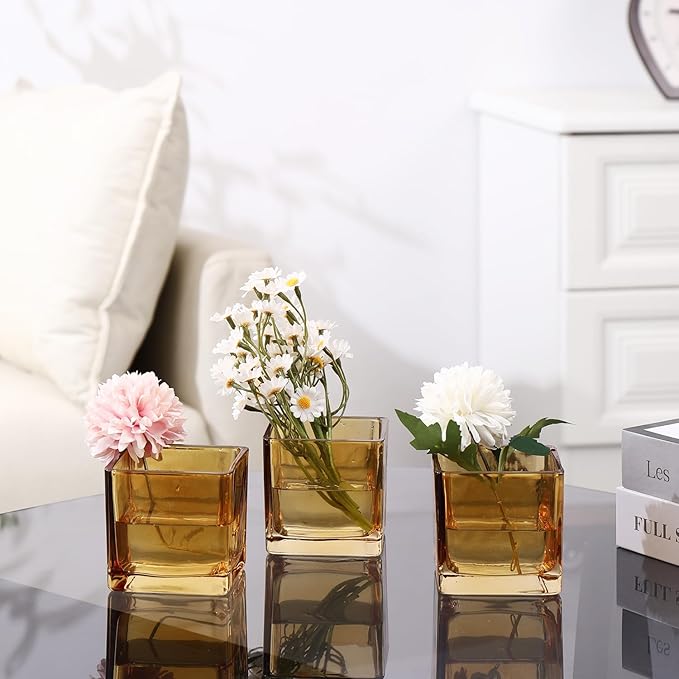 Square Flower Vases Set of 9, 3"x 3"x 3" Glass Vases for Centerpieces, Amber Vase for Flowers, Small Vase for Wedding, Party, Home Office Decoration