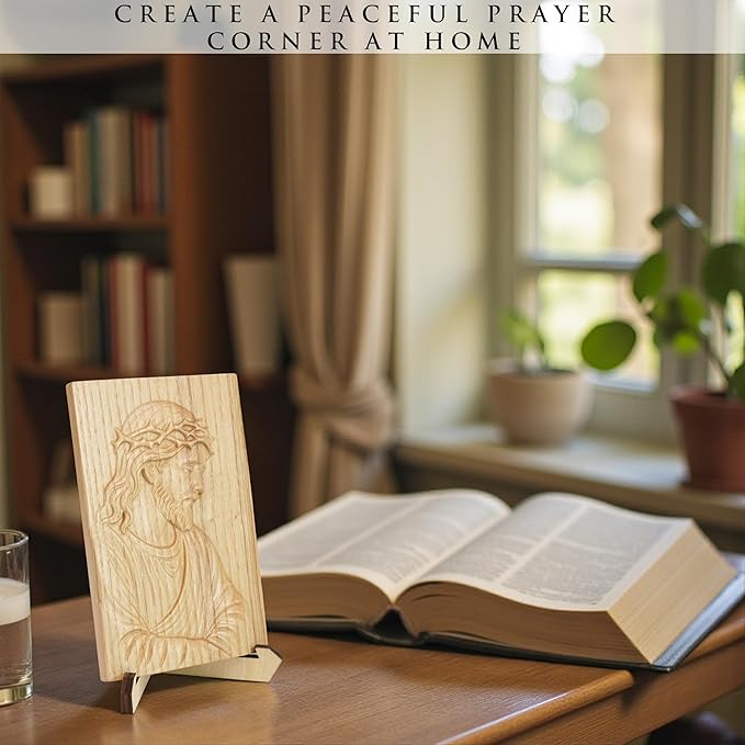 Hand-Carved Wooden Jesus Plaque – Christian Wall & Desk Decor with Stand, Natural Wood Relief Art, Catholic Religious Gift, Gift-Ready Box for Home Altar, Easter & Christmas