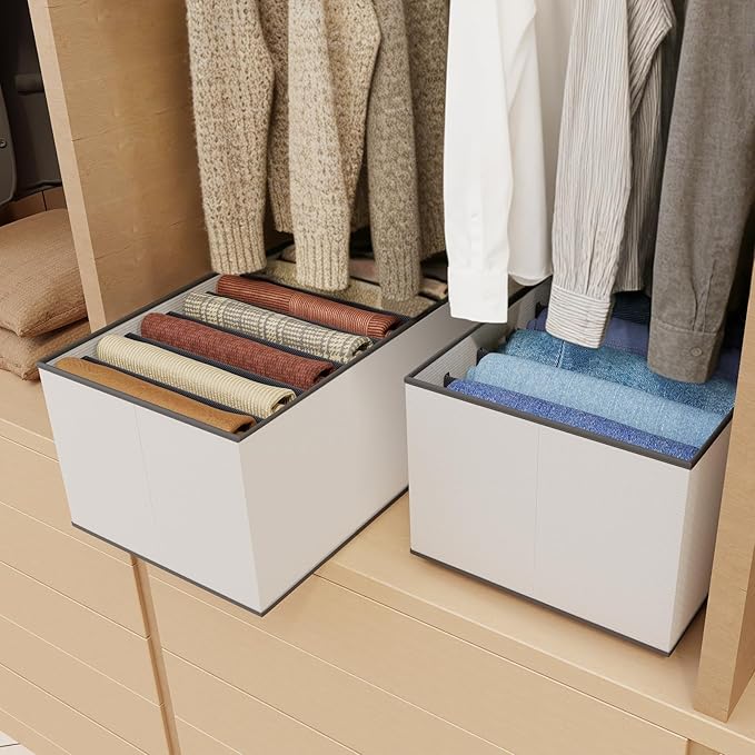 6 Pack Wardrobe Closet Organizer and Storage for Clothes - 7 Grids Foldable Drawer Dividers Organizers for Jeans | Pants | Shirts | Leggings, Stackable Clothing Bins for Closets Organization