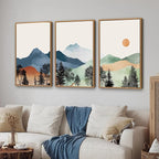 SIGNINART Boho Mountain Framed Canvas Wall Art Set of 3, Watercolor Nature Landscape Art Prints, Modern Sunrise Art Paintings, Green Forest Wall Decor for Living Room, Bedroom, Office 16"x24"x3