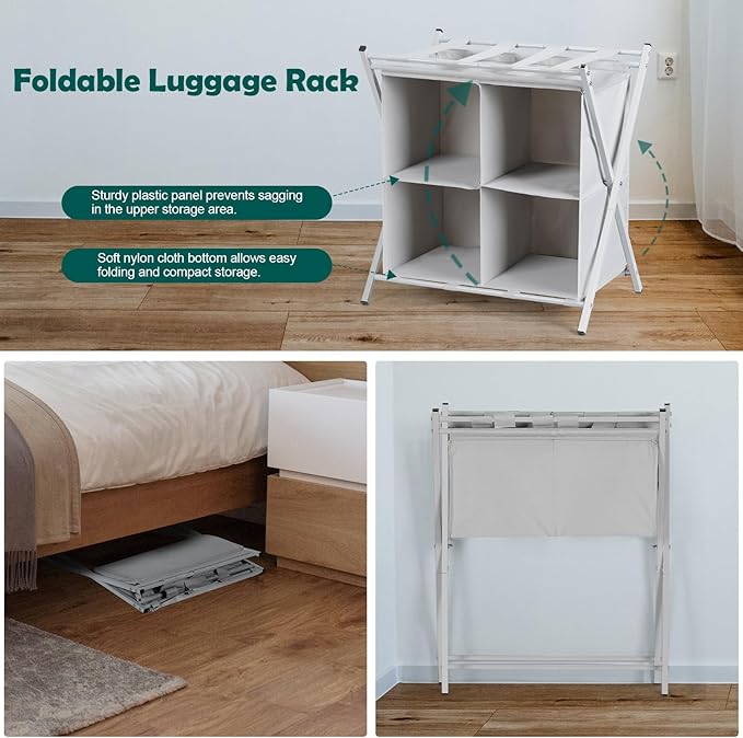 Luggage Rack for Guest Room, Suitcase Stand with 4 Fabric Storage Compartments and 4 Nylon Straps, Metal Folding Luggage Rack for Hotel, Bedroom, Living Room, Gray