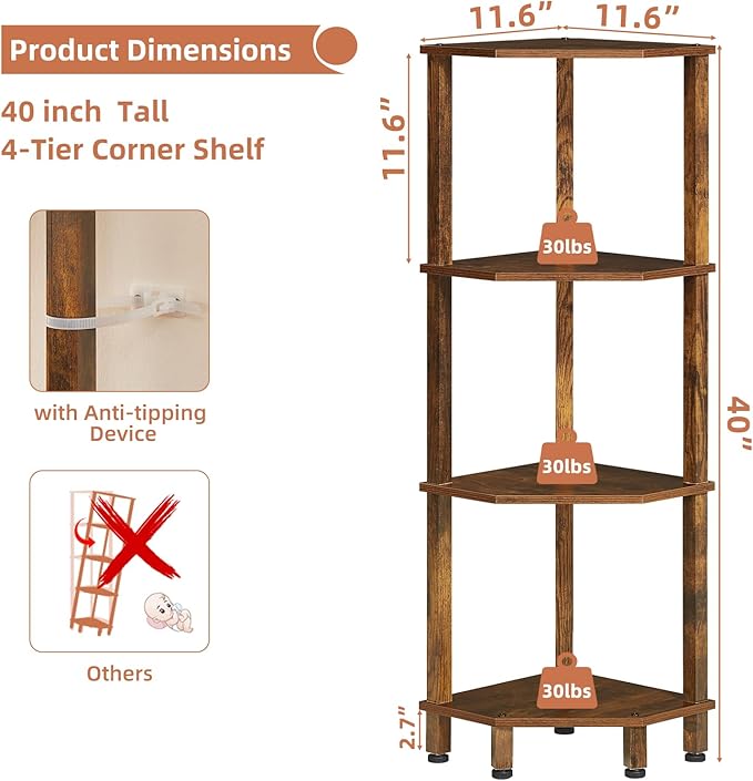 YUFAM 4-Tier Corner Shelf with Sturdy 5-Leg Base, Wooden Corner Bookshelf for Small Spaces, Corner Standing Shelf for Living Room, Bedroom, Office, Brown