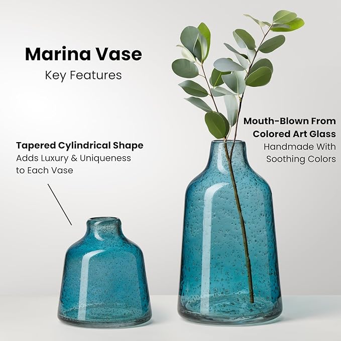 Torre & Tagus 6 Inch Tall Blue Glass Vase with Gold Flakes, Mouth Blown Glass Vase Blue Flower Vase Centerpieces, Watertight for Hydroponic Plants, Coastal Decor Accents (Marina)