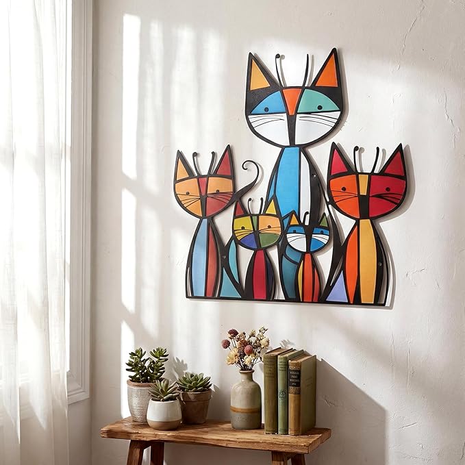 Wesiti Cat Wall Art Decor Iron Wall Sculptures Decor for Cats Lover 10.2 x 11.8 Inches Colorful Mid Century Cat Retro Signs for Home Living Room Bedroom Kitchen Office(Trendy)