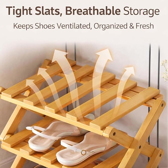 The 9-Tier No-Assembly Bamboo Rack, Folding Bamboo Shoe Rack Organizer with Collapsible Vertical Design, Space-Saving & No-Tool Assembly, for Entryways,Corners,Bedrooms,Balconies (Yellow,3)