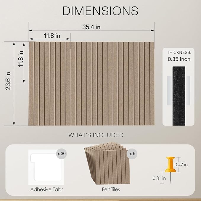 MaxGear Large Cork Boards for Walls 36" x 24", Earth Brown Felt Bulletin Board Tiles for Office Decor, 6 Pack Felt Wall Tiles with Slat Paneling, Push Pin Board Home Wall Organizer
