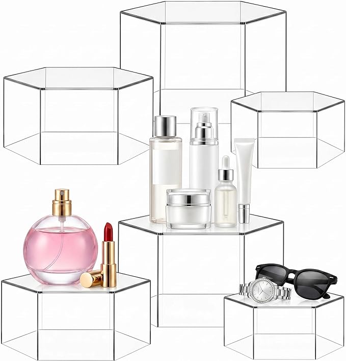 Jerify 6 Pcs Acrylic Risers Display Stands, 5.91'' 5.12'' 3.54'', Clear Hexagon Nesting Pedestal Shelf with Hollow Bottom for Tabletop Jewelry Display, 3 Sized