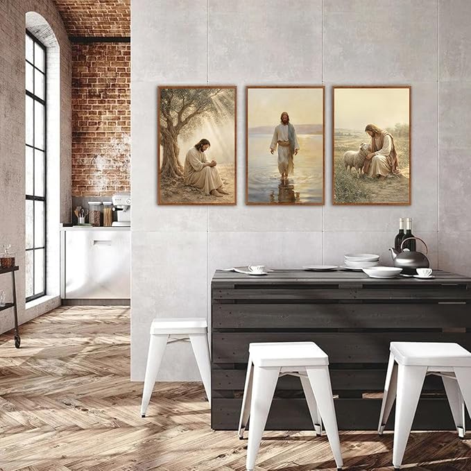 KAlRNE Vintage Christian Framed Canvas Wall Art Set of 3(24”X36”),Jesus Bible Story Wall Decor,Spiritual Religious God Painting,Neutral Inspirational Beige Art Prints For Living Room Bedroom Church