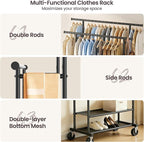 Double Rods Clothes Rack, Rolling Clothing Rack for Hanging Clothes Closet Rack with Wheels, Metal Portable Garment Rack with Double Shelves for Bedroom Laundry Living Room, Black