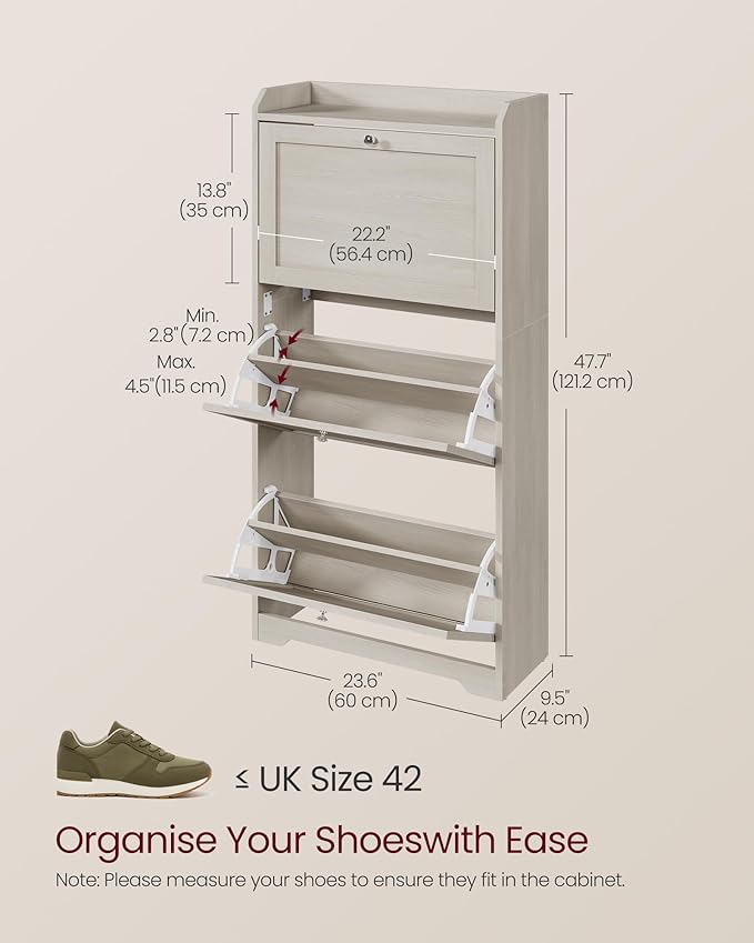 VASAGLE Shoe Cabinet with 3 Flip Drawers, Shoe Organizer, Adjustable and Removable Dividers, Holds 12-20 Pairs, Entryway, 9.4 x 23.6 x 47.7 Inches, Oatmeal Beige ULBC036LN02S
