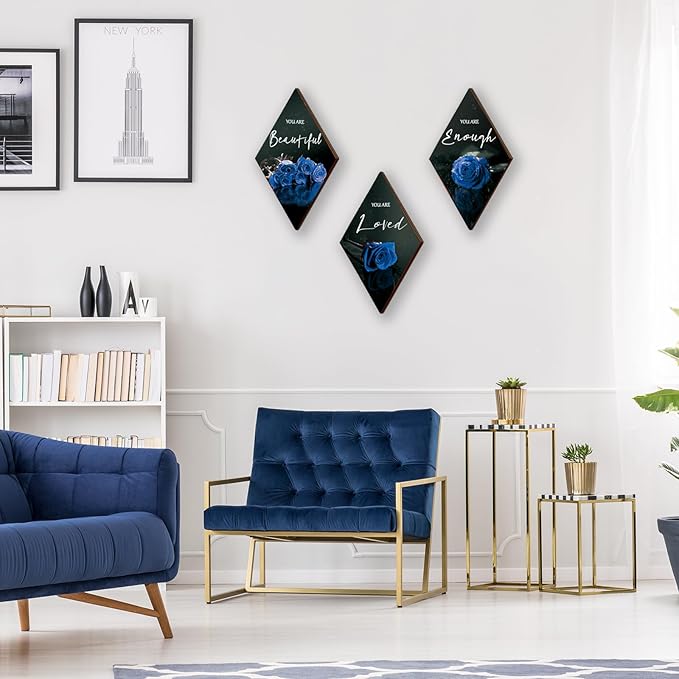 ONIZHITY 3 Pieces Blue Wall Decor Rose Wooden Bathroom Decor Positive Quotes You Are Beautiful Blue decor blue and Black Wall Decor for Bedroom Room Kitchen Bathroom Wedding Decor(12 x 7 inch)