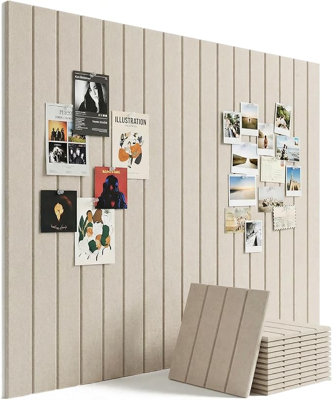 Aothia Felt Bulletin Board Tiles Large 48" x 36" Cork Board Alternative - 12-Pack with 70 Adhesive Tabs, Thick Slat Wall Panels for Office Decor, Push Pin Board Wall Organizer Alternative - Oatmeal