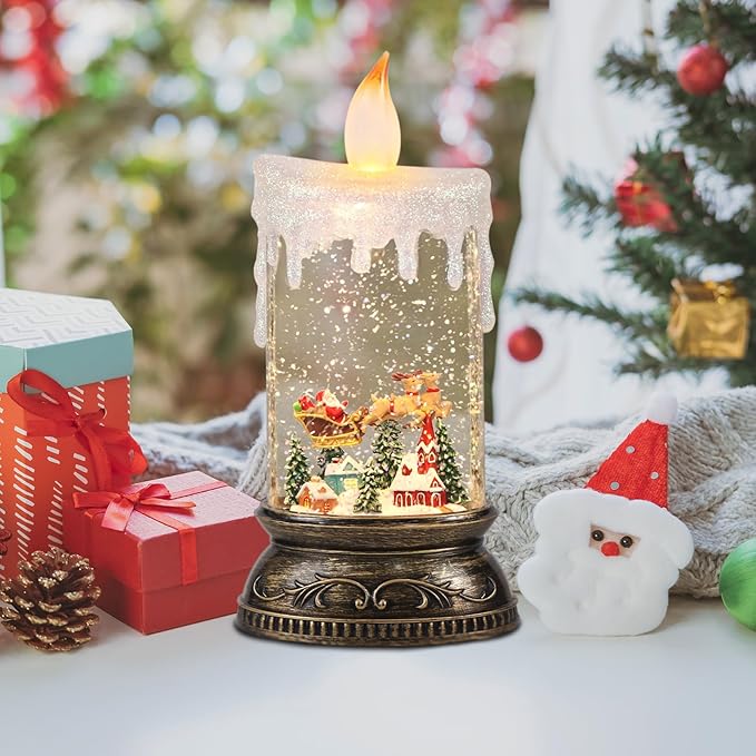 GenSwin Christmas Snow Globes with Music Timer and USB Rechargable Cable, Christmas Lantern Decorations Indoor, 1 Pcs Christmas Music Box with Santa Flying and Sleigh Reindeer for Decor