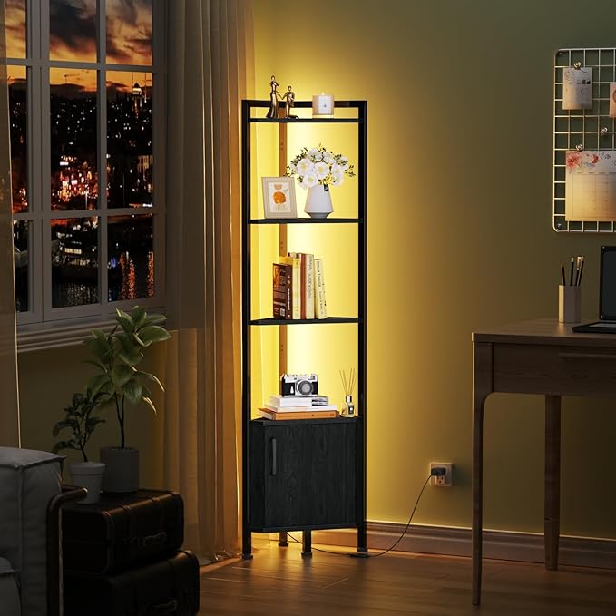 Furnulem Corner Shelf,5-Tier Corner Cabinet with Storage and LED Light, 62.8” Standing Display Bookshelf for Bedroom, Living Room, Kitchen, Wood Display Shelf (Black Oak) | with Storage