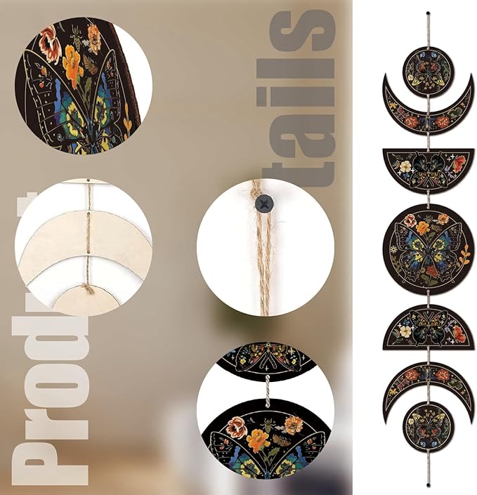 CREATCABIN 7Pcs Butterfly Flower Moon Ornaments Half Round Wood Pendant Moon Cycle Wall Hanging Wooden Moon Phase Home Boho Decor Supplies for Bedroom Farmhouse Gallery Apartment Bar 37.1x6.3in