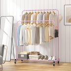 Laiensia Double Rods Garment Rack with Wheels, Clothing Rack for Hanging Clothes,4 Hooks, Multi-Functional Bedroom Clothes Rack, Pink