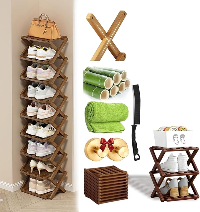 Foldable Shoe Rack, 2-9 Tier No-Tool Assembly Bamboo Organizer with Anti-Wobble X-Design for Small Spaces, Sturdy Vertical Storage Shelf for Entryway, Closet, Apartment & Dorm (Brown,3 Layers)