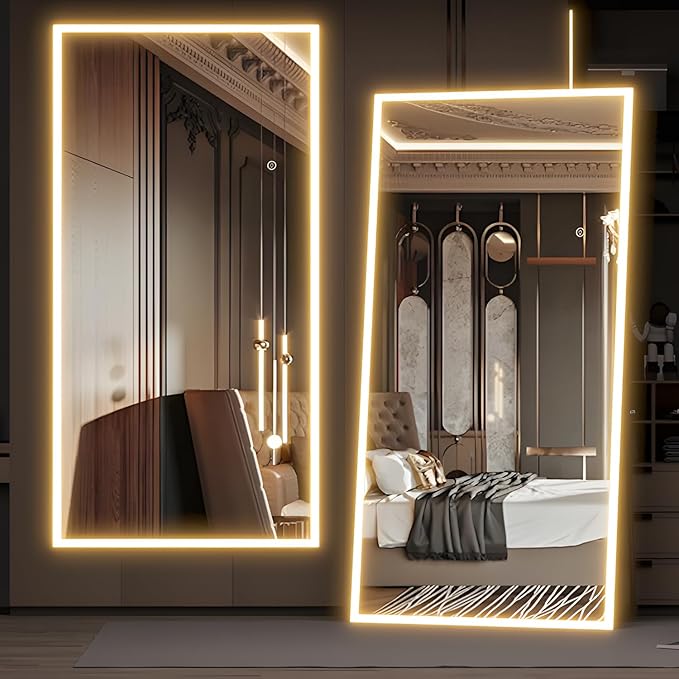 Full Length Mirror with Lights, 71"x32" Full Body Mirror with Light, Lighted Floor Mirror, LED Full Length Mirrors Wall Mounted Dimming & 3 Color Lighting for Bedroom, White