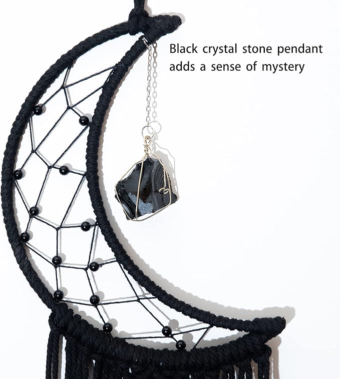 MOONFLY Black Moon Dream Catcher with Handmade Crystal Stone Design Woven Cotton Boho Macrame Wall Hanging Home Decoration Ornament Craft Gift(Black Crystal Stone Moon)