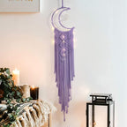 Macrame Moon Dream Catcher for Girl, Purple Boho Crescent Dreamcatcher for Bedroom, Handmade Nursery Room Wall Hanging with Star Pendant for Teen Boy, Bohemian Home Decoration Idea