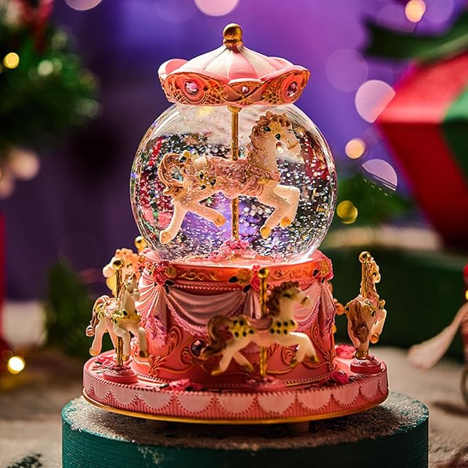 Carousel Horse Music Box Snow Globe, Light Up Pink Unicorn Design, Christmas Decor, Birthday, Valentine's Day Gift for Girls/Women Kids