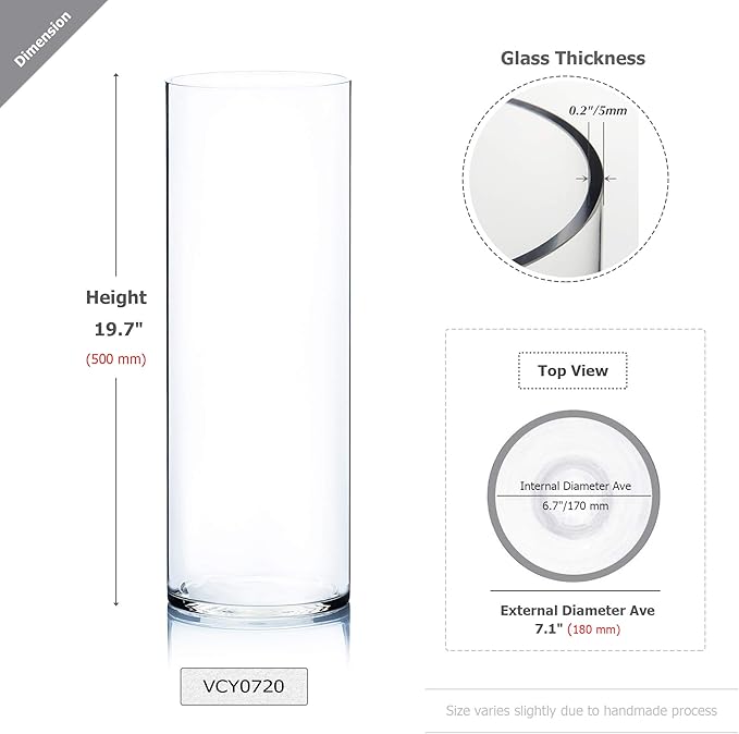 WGV Cylinder Vase, Width 7", Height 20", Clear Wide Large Diameter Flower Glassware, Floral Container, Planter Terrarium for Wedding Party Event, Home Accent Decor, 1 Piece