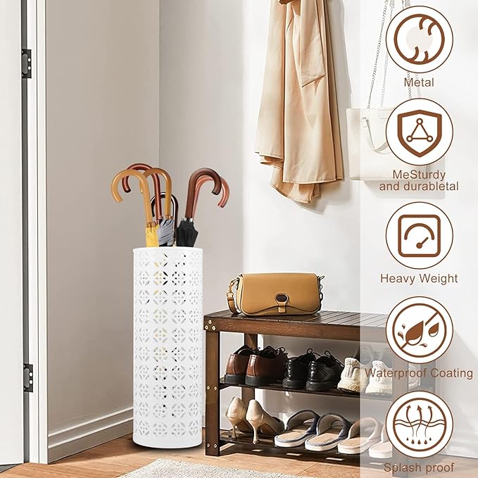 Umbrella Stand for Entryway, Metal Umbrella Holder, Freestanding Umbrella Stand Round Umbrella Holder Bin Waterproof Umbrella Storage Rack Indoor Walking Stick Holder for Home Entryway(15*42cm,White)
