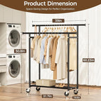 Clothes Rack, Double Rods Rolling Clothing Rack for Hanging Clothes, Portable Garment Rack with Wheels, Coat Rack Wardrobe Closet Load 240 LBS for Bedroom Laundry Room, Black