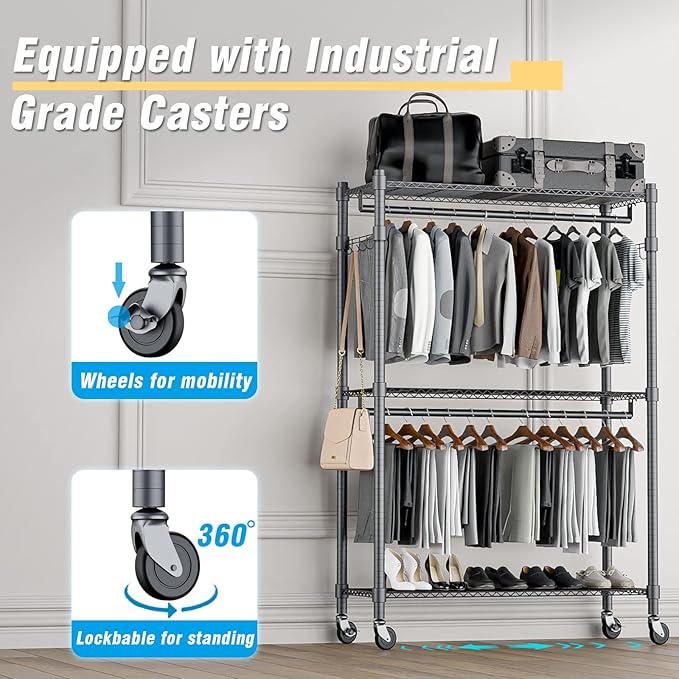 Homdox Rolling Clothes Rack Heavy Duty, 3-Tier Adjustable Wire Shelving Garment Organizer with Double Rods & Hooks, Portable Clothes Rack with Wheels, 17.72" D x 47.24" W x 80.71" H, Grey